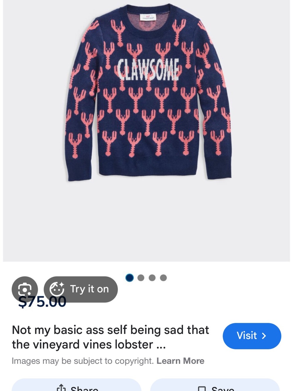 Vineyard Vines Navy Crewneck Sweater with Pink Lobsters